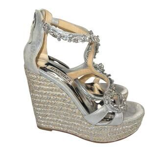 Badgley Mischka Crystal Espadrille Wedge Platform Sandals Silver Leather Size 5